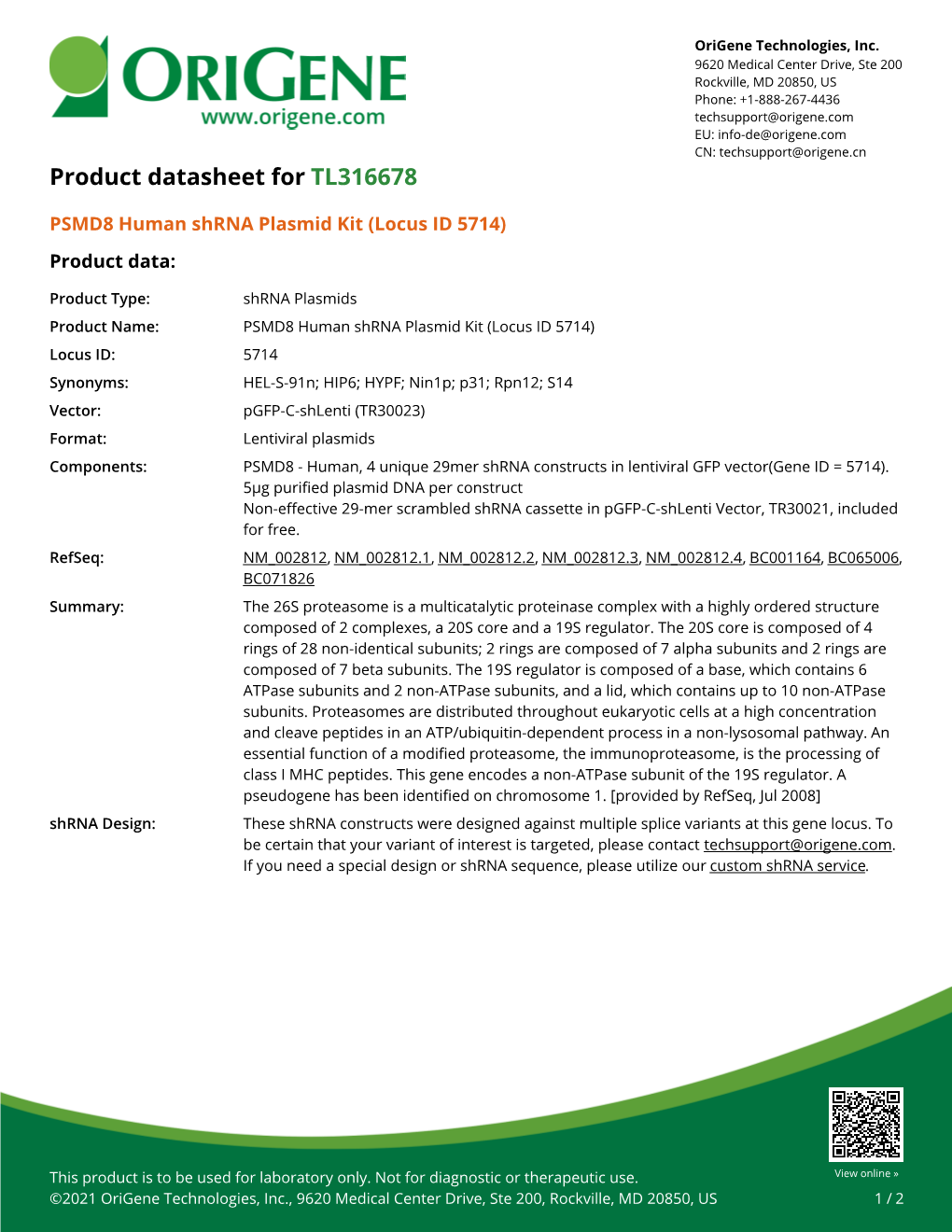 PSMD8 Human Shrna Plasmid Kit (Locus ID 5714) Product Data