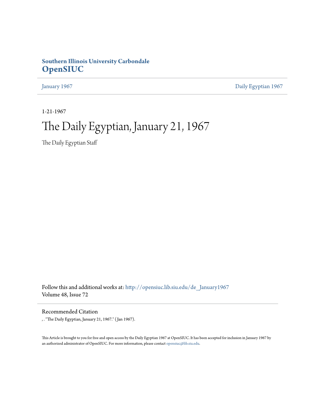 The Daily Egyptian, January 21, 1967