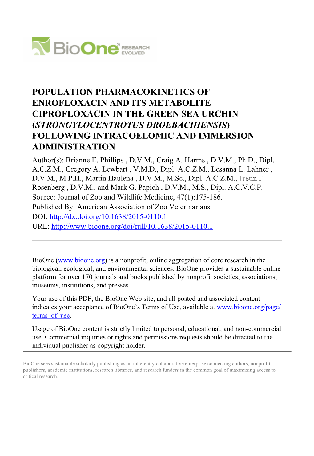 Population Pharmacokinetics of Enrofloxacin and Its Metabolite Ciprofloxacin in the Green Sea Urchin