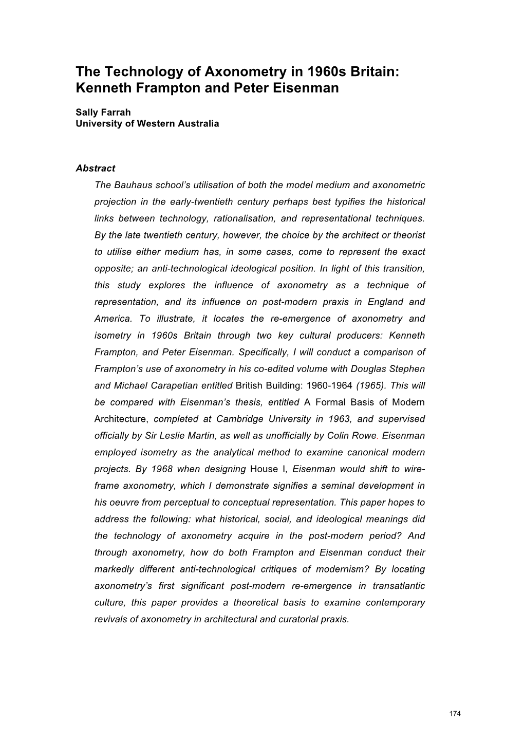 The Technology of Axonometry in 1960S Britain: Kenneth Frampton and Peter Eisenman