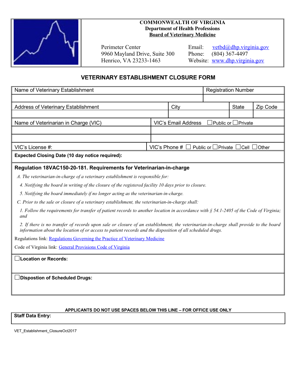 Veterinary Establishment Closure Form