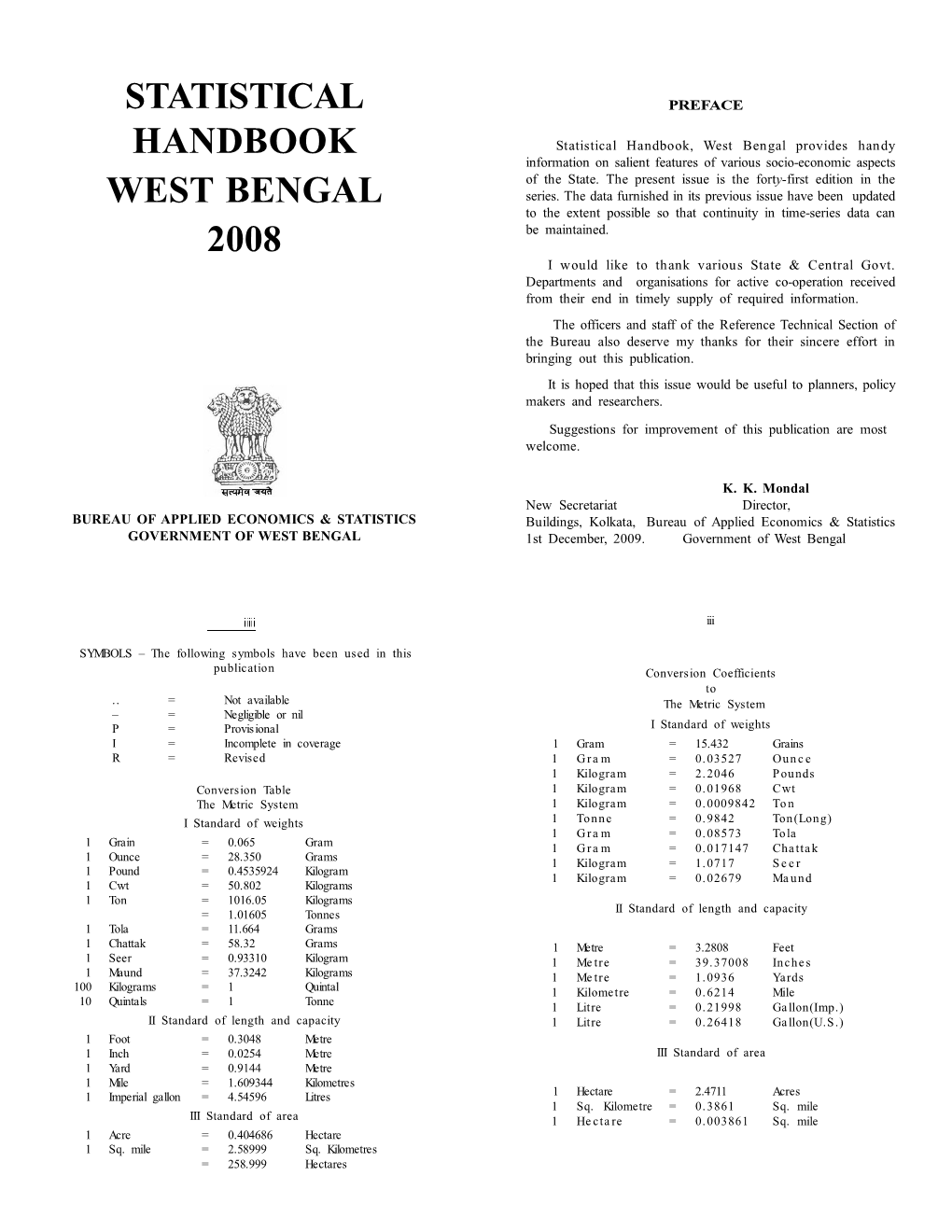 Statistical Handbook West Bengal 2008