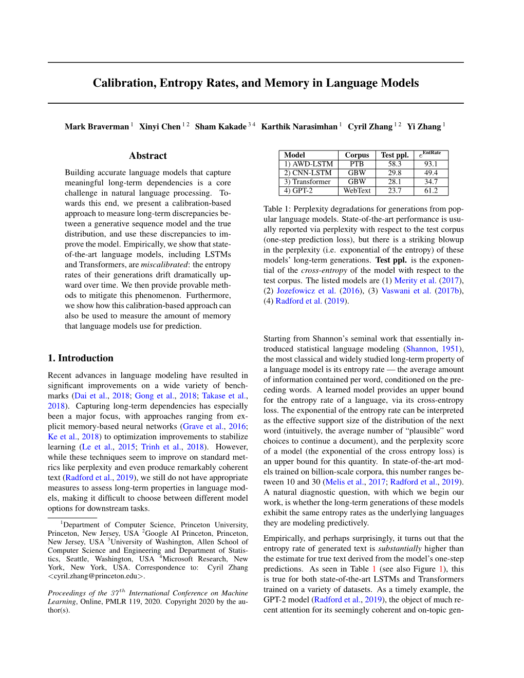 Calibration, Entropy Rates, and Memory in Language Models