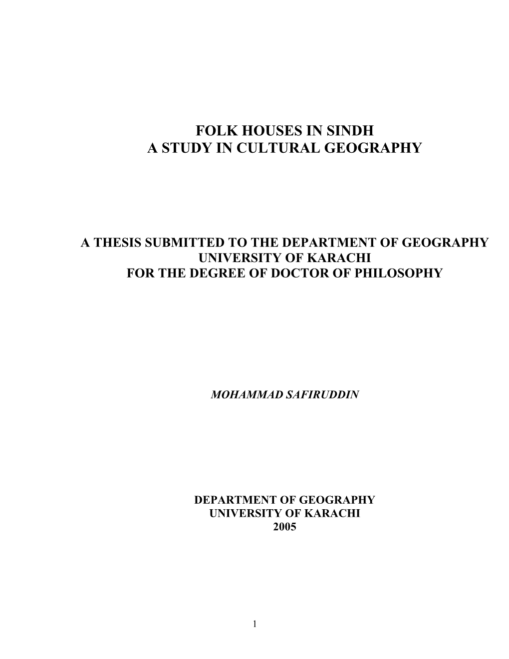 Folk Houses in Sindh a Study in Cultural Geography