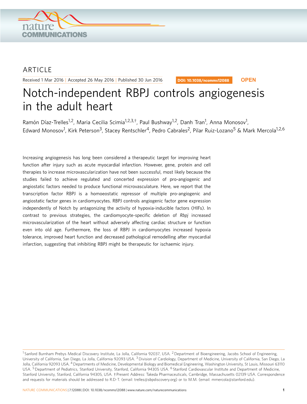 Notch-Independent RBPJ Controls Angiogenesis in the Adult Heart