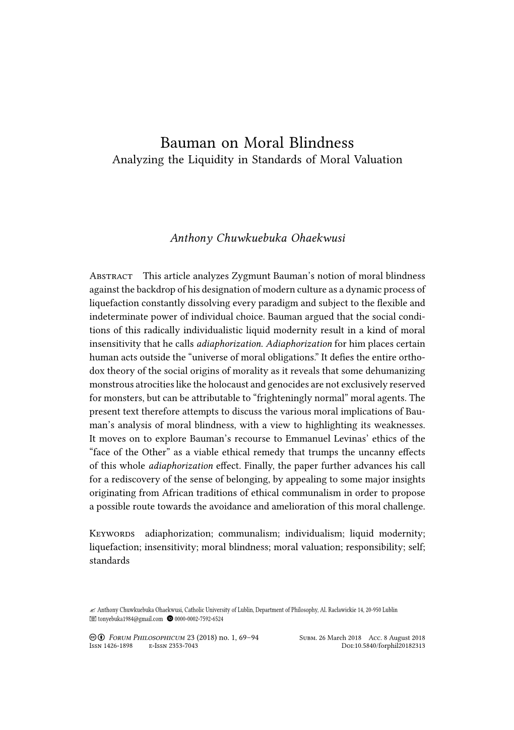 Bauman on Moral Blindness Analyzing the Liquidity in Standards of Moral Valuation