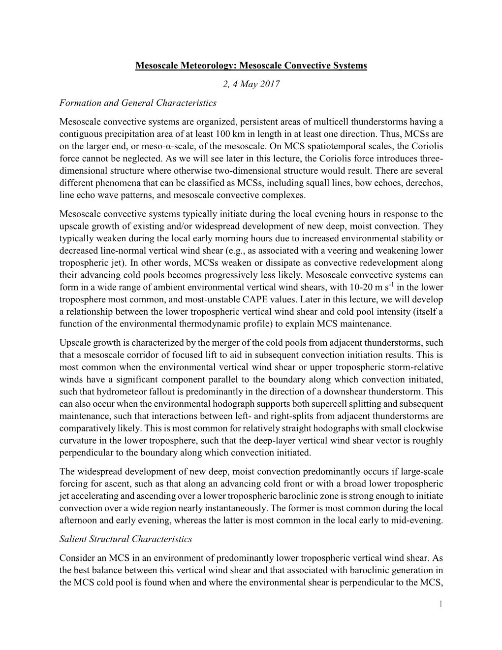 Mesoscale Convective Systems 2, 4 May 2017 Formation and General