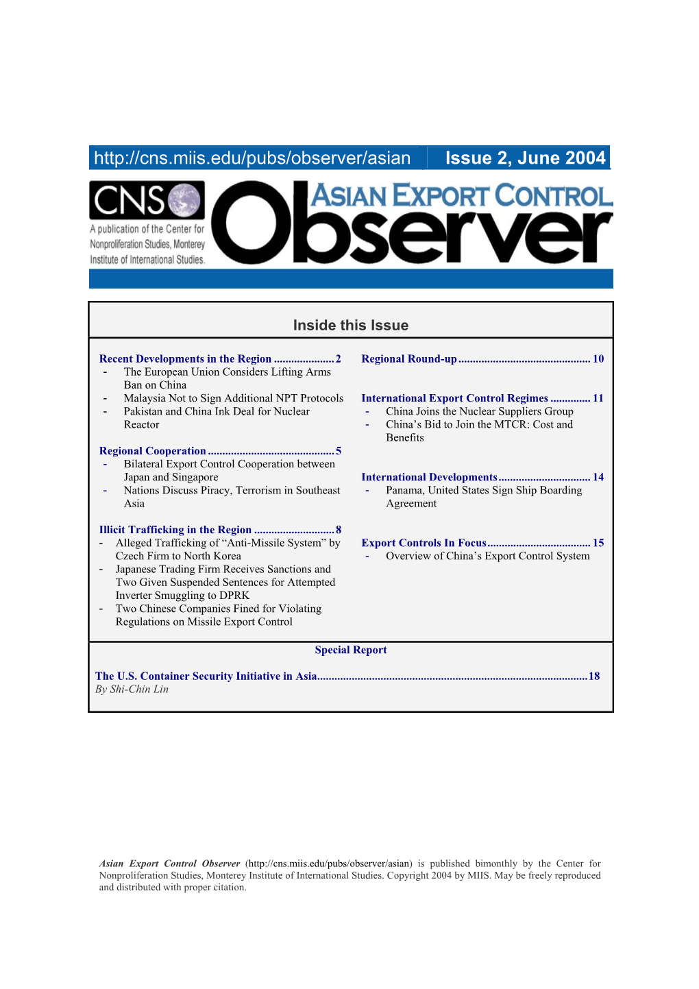 English Version Is Available from Center for Information on ______Asian Export Control Observer 6 Issue 2, June 2004