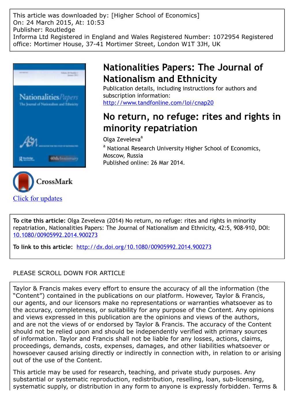 Nationalities Papers: the Journal of Nationalism and Ethnicity No Return