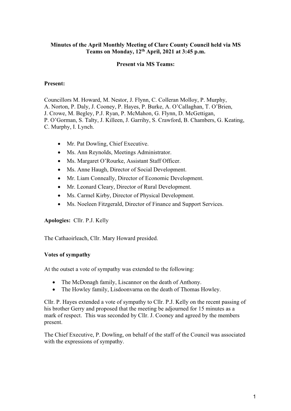 Minutes of April 2021 Meeting of Clare County Council