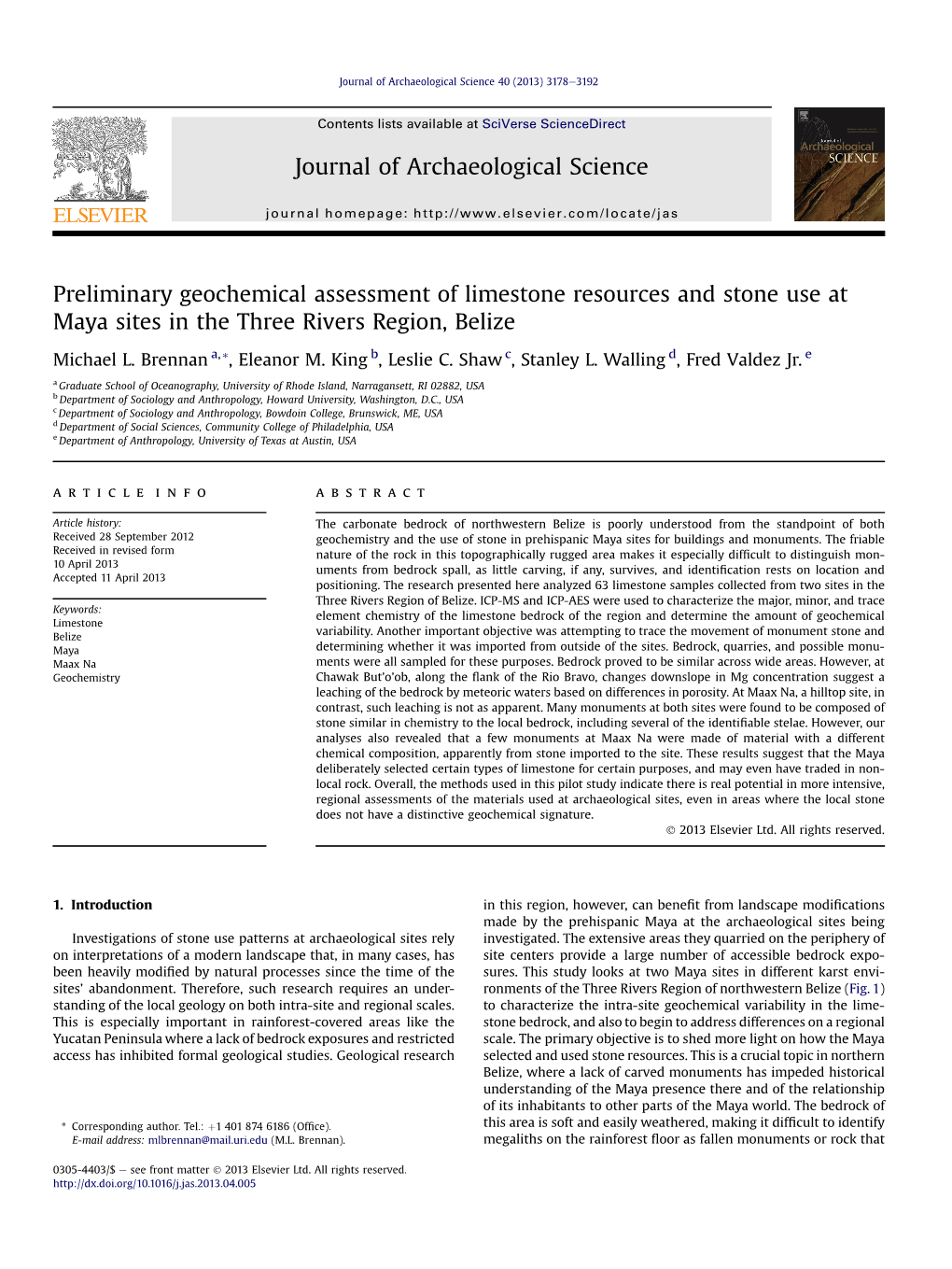 Preliminary Geochemical Assessment of Limestone Resources and Stone Use at Maya Sites in the Three Rivers Region, Belize