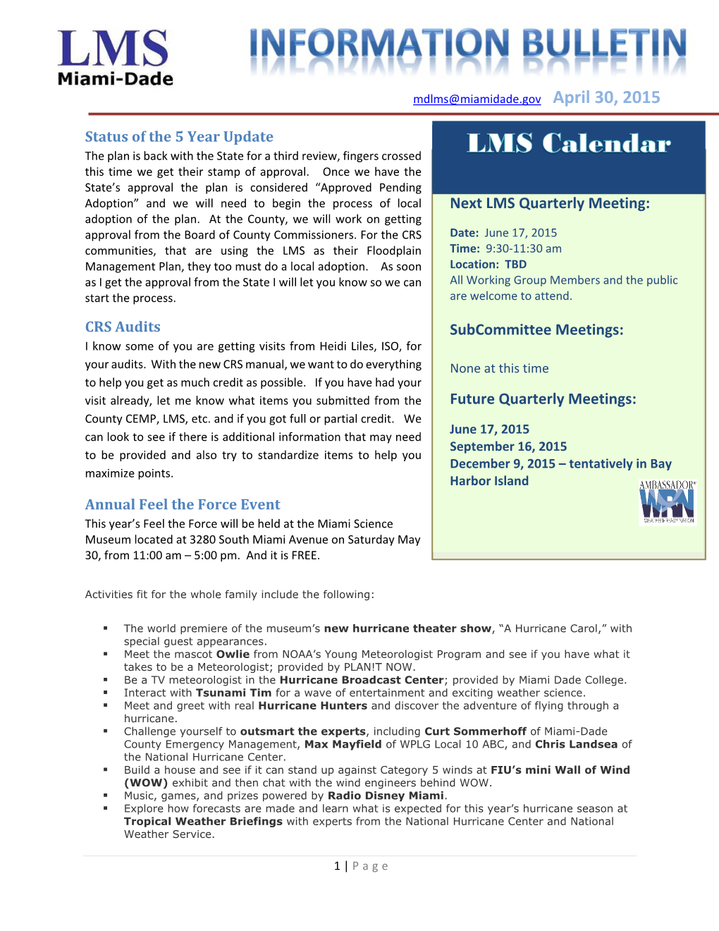 Next LMS Quarterly Meeting: Adoption of the Plan