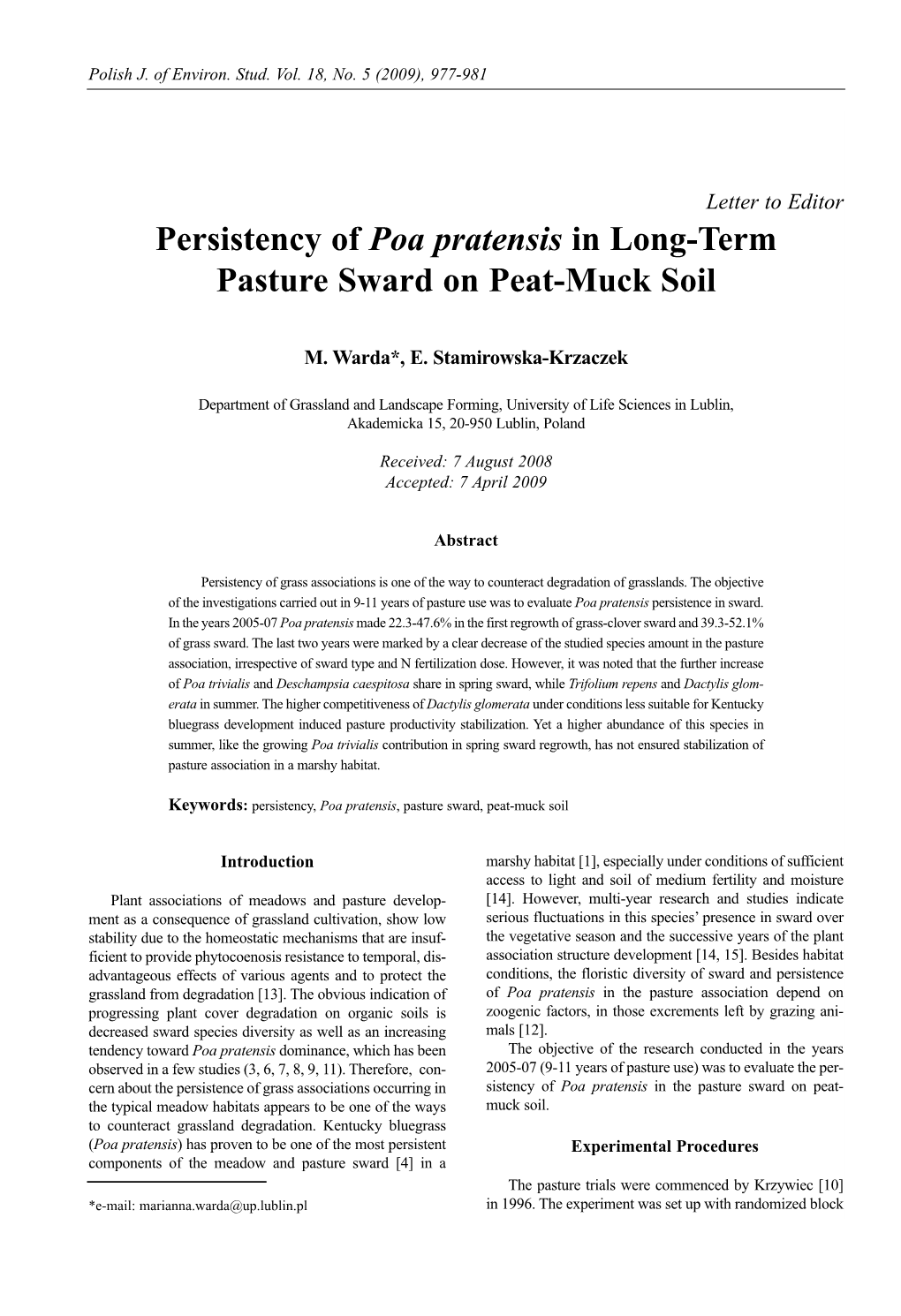 Persistency of Poa Pratensis in Long-Term Pasture Sward on Peat-Muck Soil