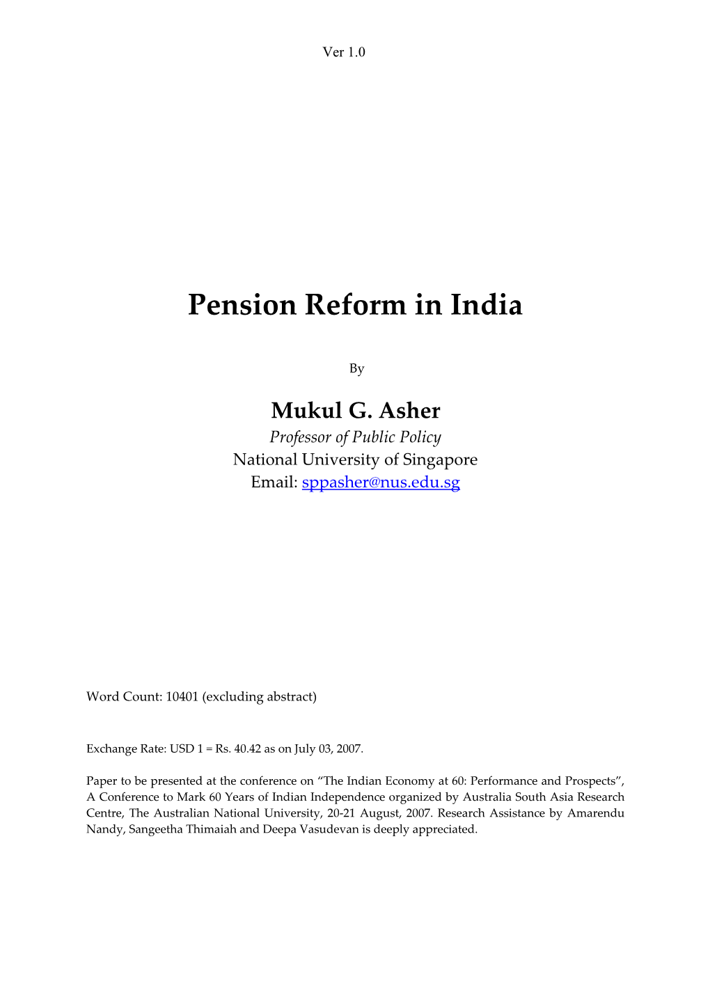 Pension Reform in India