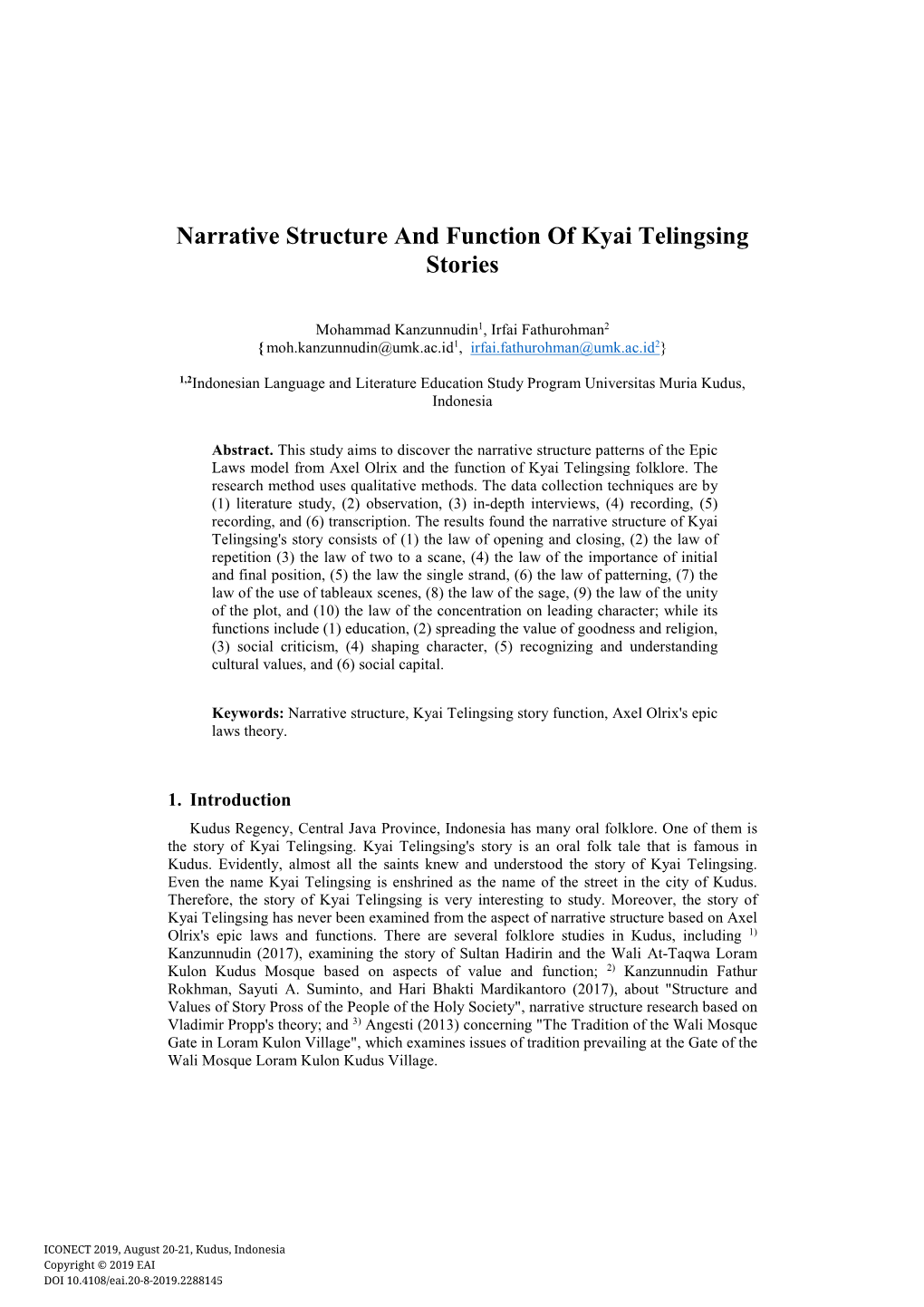 Narrative Structure and Function of Kyai Telingsing Stories