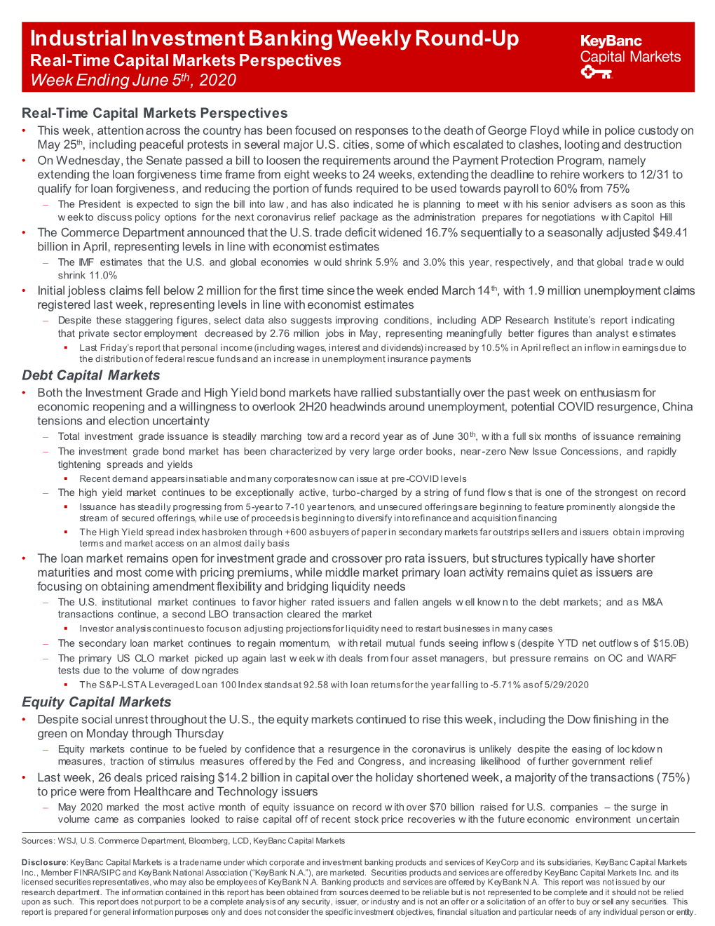 Industrial Investment Banking Weekly Round-Up Real-Time Capital Markets Perspectives Week Ending June 5Th, 2020