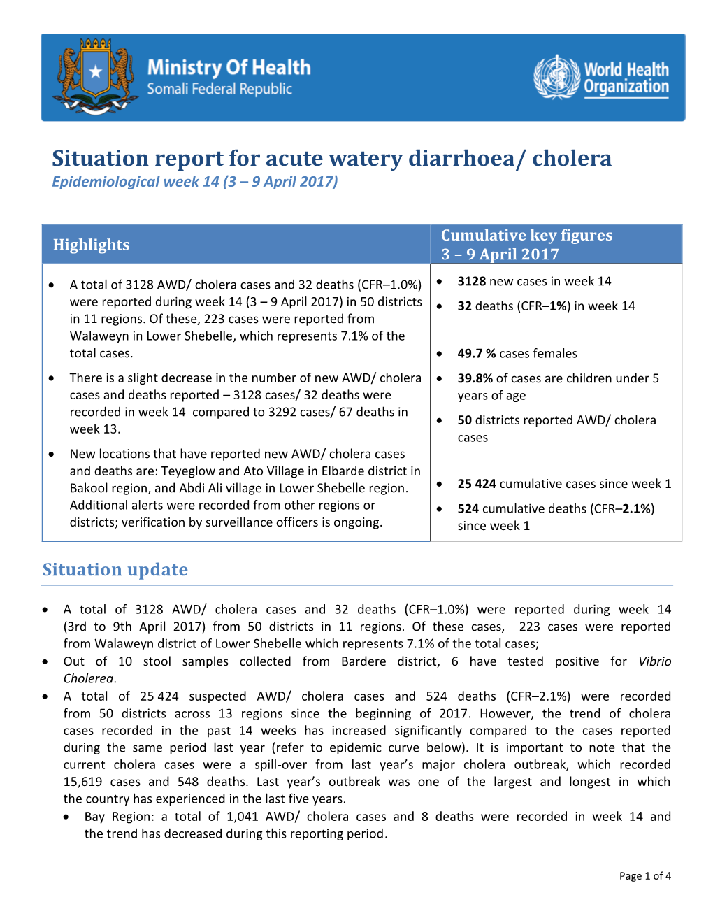 Cholera Epidemiological Week 14 (3 – 9 April 2017)