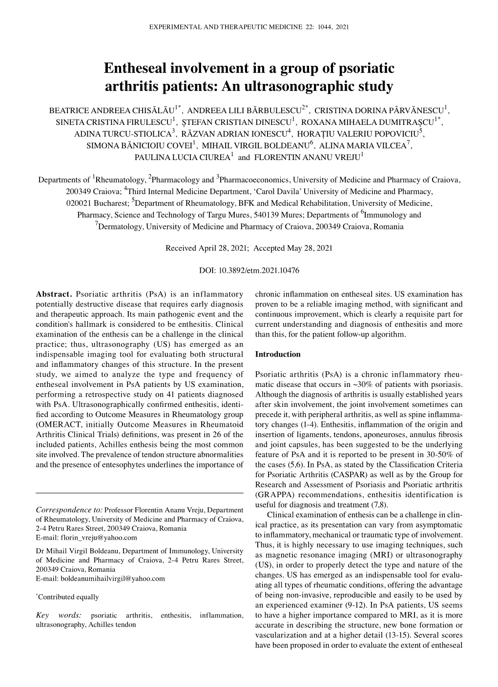 Entheseal Involvement in a Group of Psoriatic Arthritis Patients: an Ultrasonographic Study