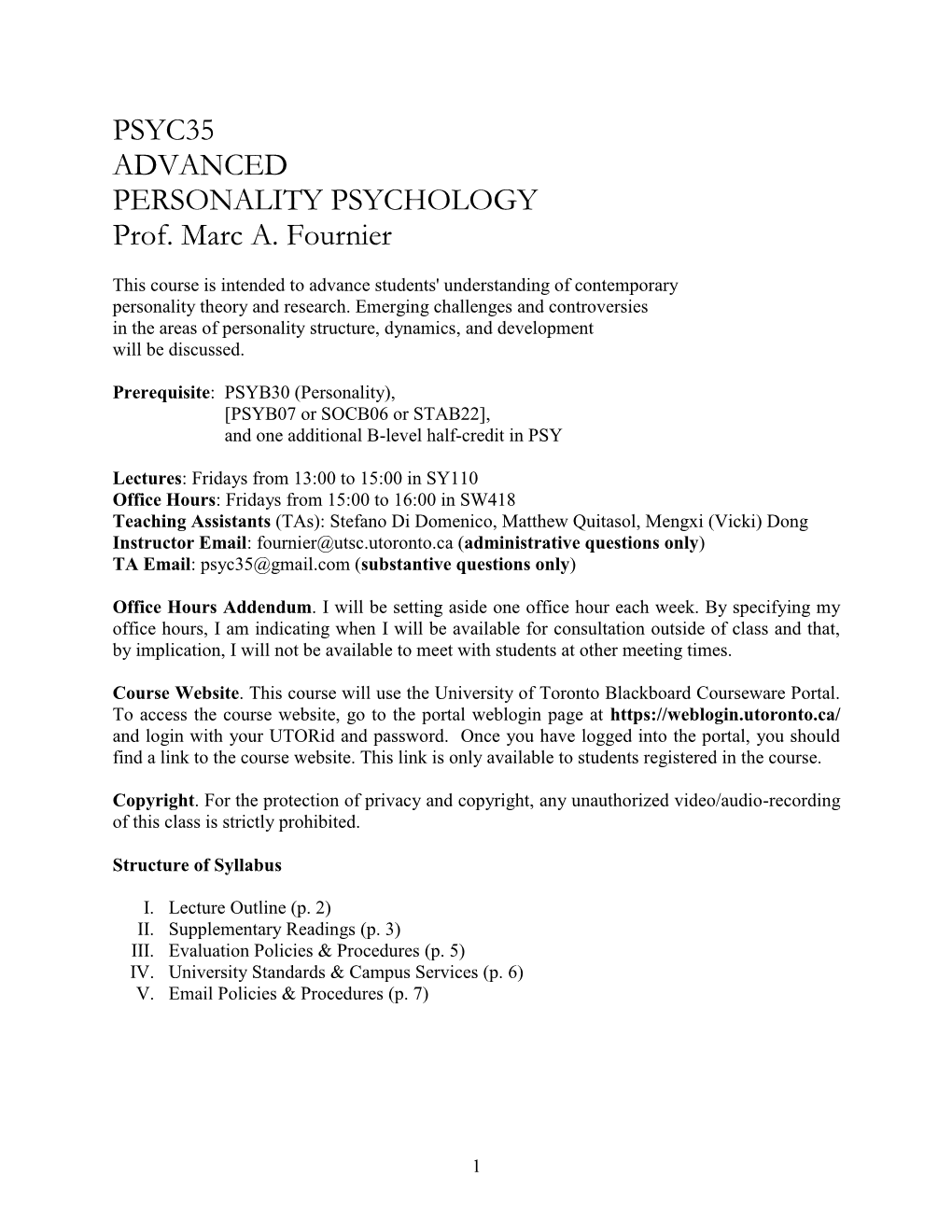 PSYC35 ADVANCED PERSONALITY PSYCHOLOGY Prof. Marc A. Fournier
