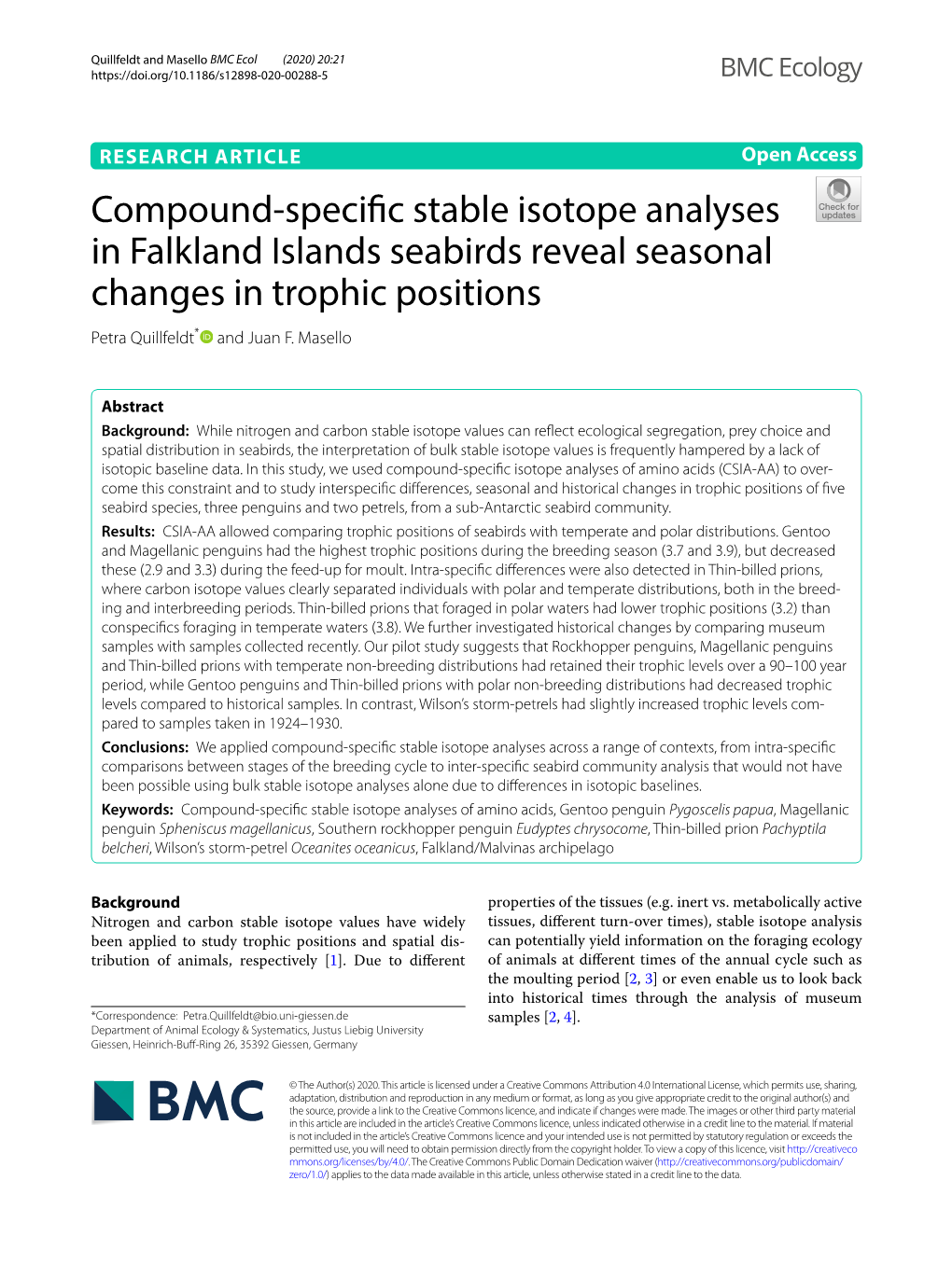 Compound-Specific Stable Isotope Analyses in Falkland Islands