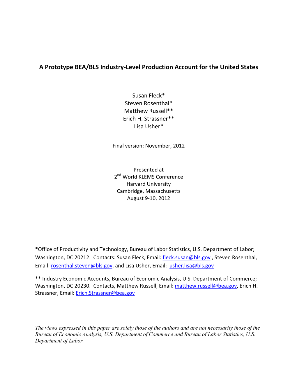 A Prototype BEA/BLS Industry‐Level Production Account for the United States
