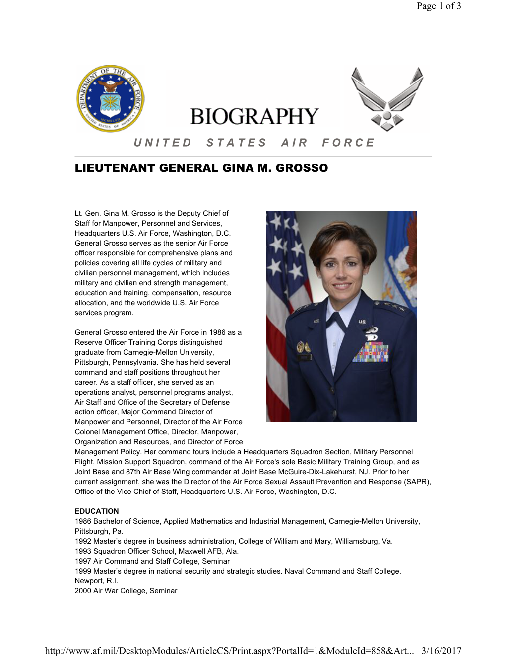 Lieutenant General Gina M. Grosso United States Air Force