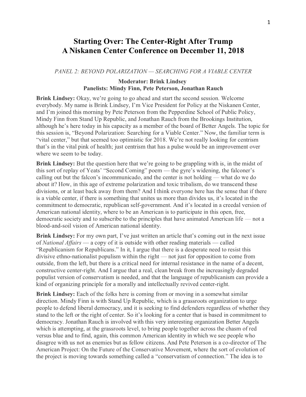 Starting Over: the Center-Right After Trump a Niskanen Center Conference on December 11, 2018