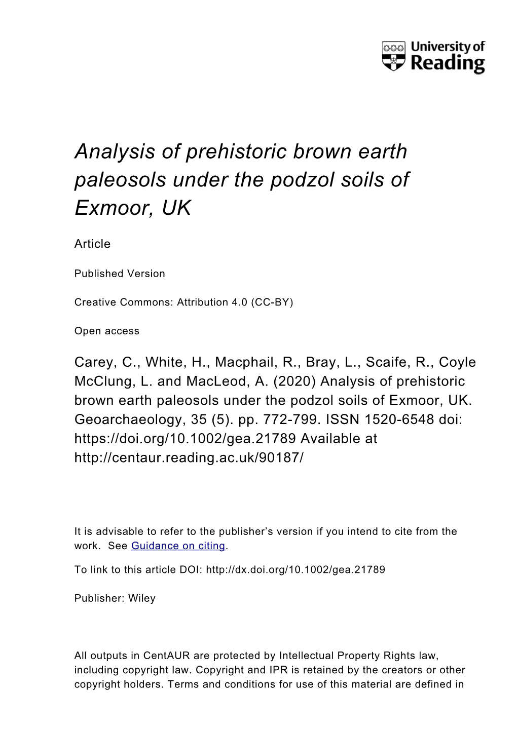 Analysis of Prehistoric Brown Earth Paleosols Under the Podzol Soils of Exmoor, UK