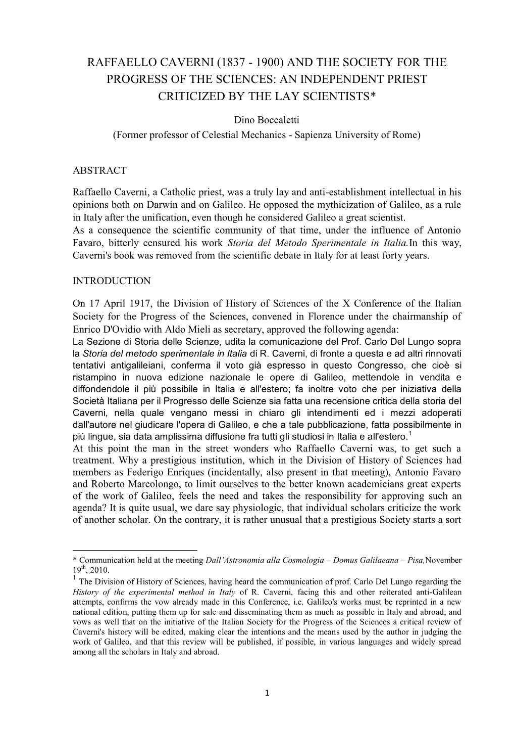 Raffaello Caverni (1837 - 1900) and the Society for the Progress of the Sciences: an Independent Priest Criticized by the Lay Scientists*