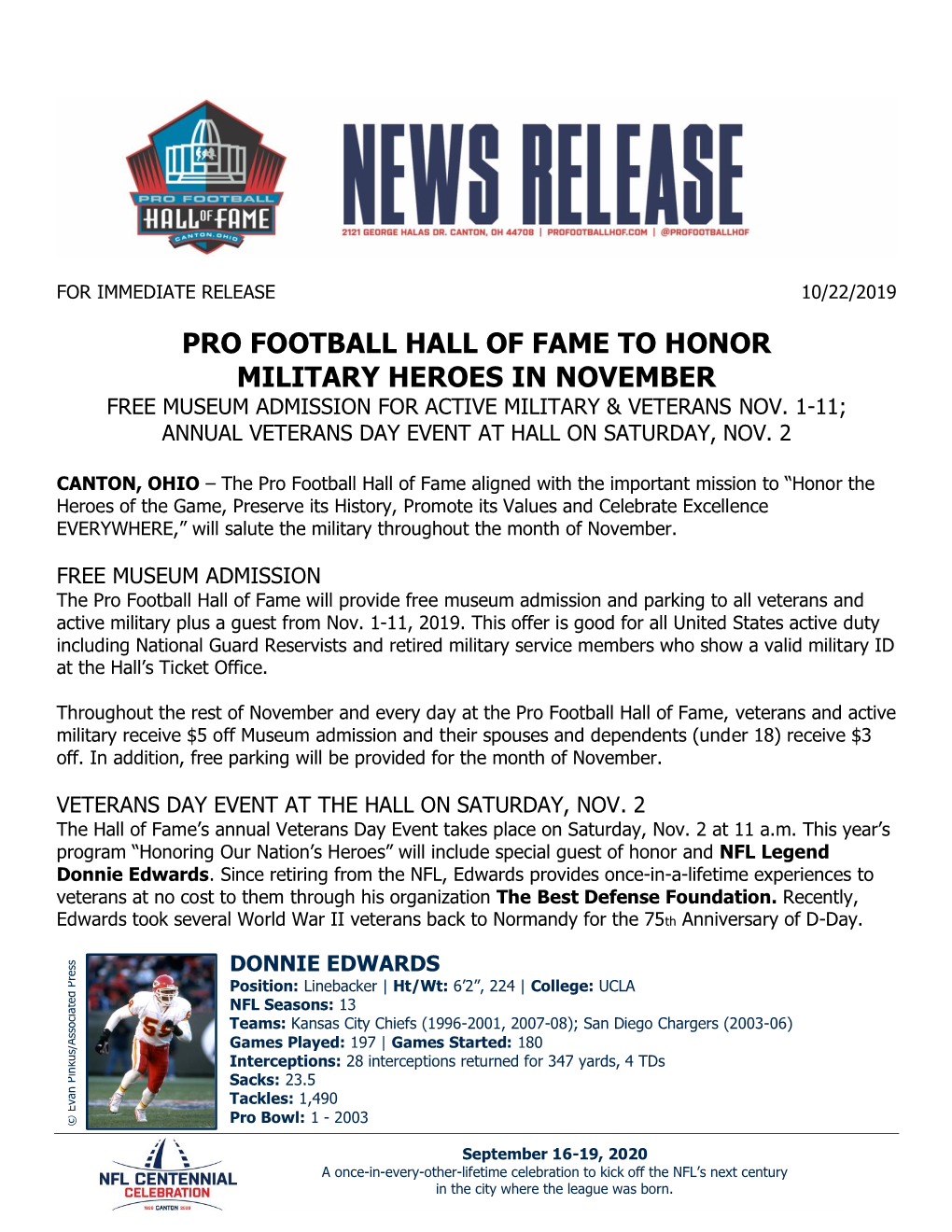 Pro Football Hall of Fame to Honor Military Heroes in November Free Museum Admission for Active Military & Veterans Nov