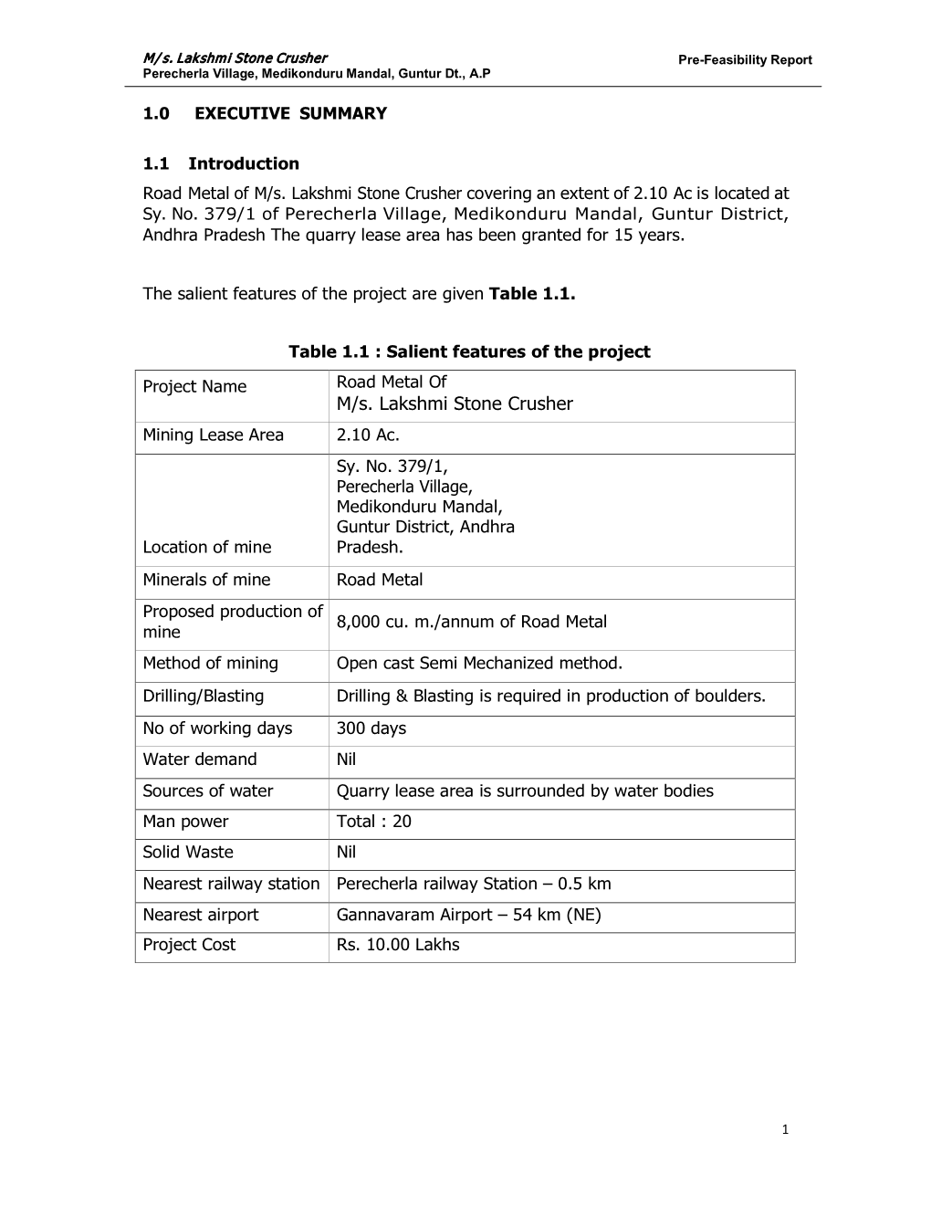 M/S. Lakshmi Stone Crusher Covering an Extent of 2.10 Ac Is Located at Sy