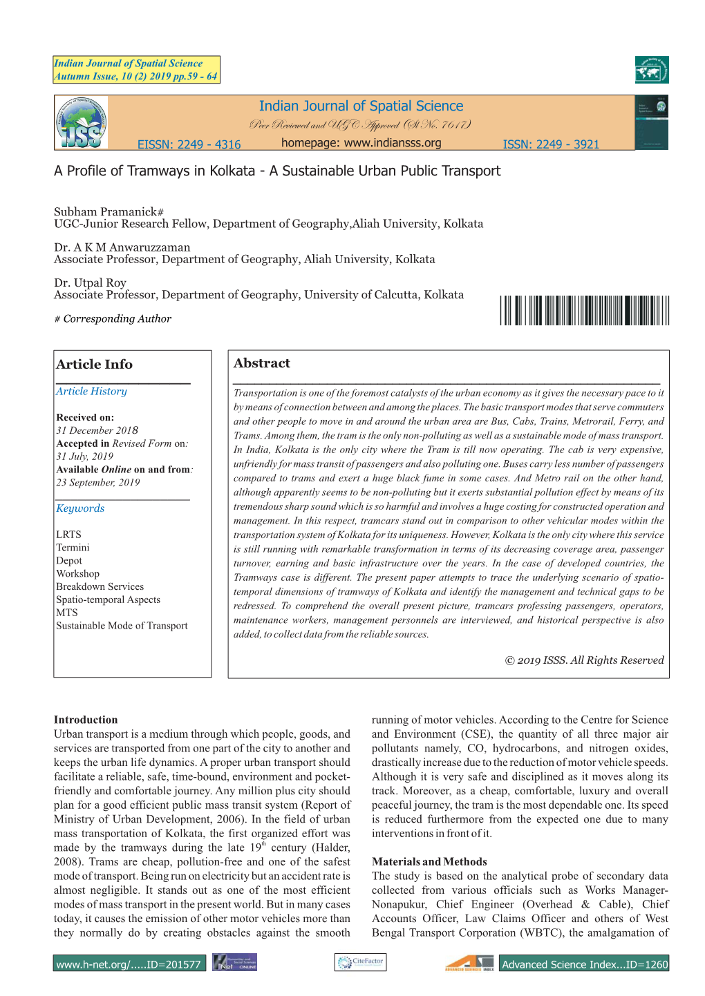 A Profile of Tramways in Kolkata - a Sustainable Urban Public Transport