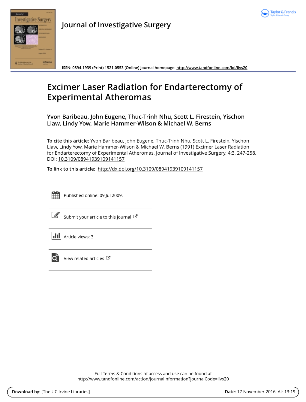 Excimer Laser Radiation for Endarterectomy of Experimental Atheromas