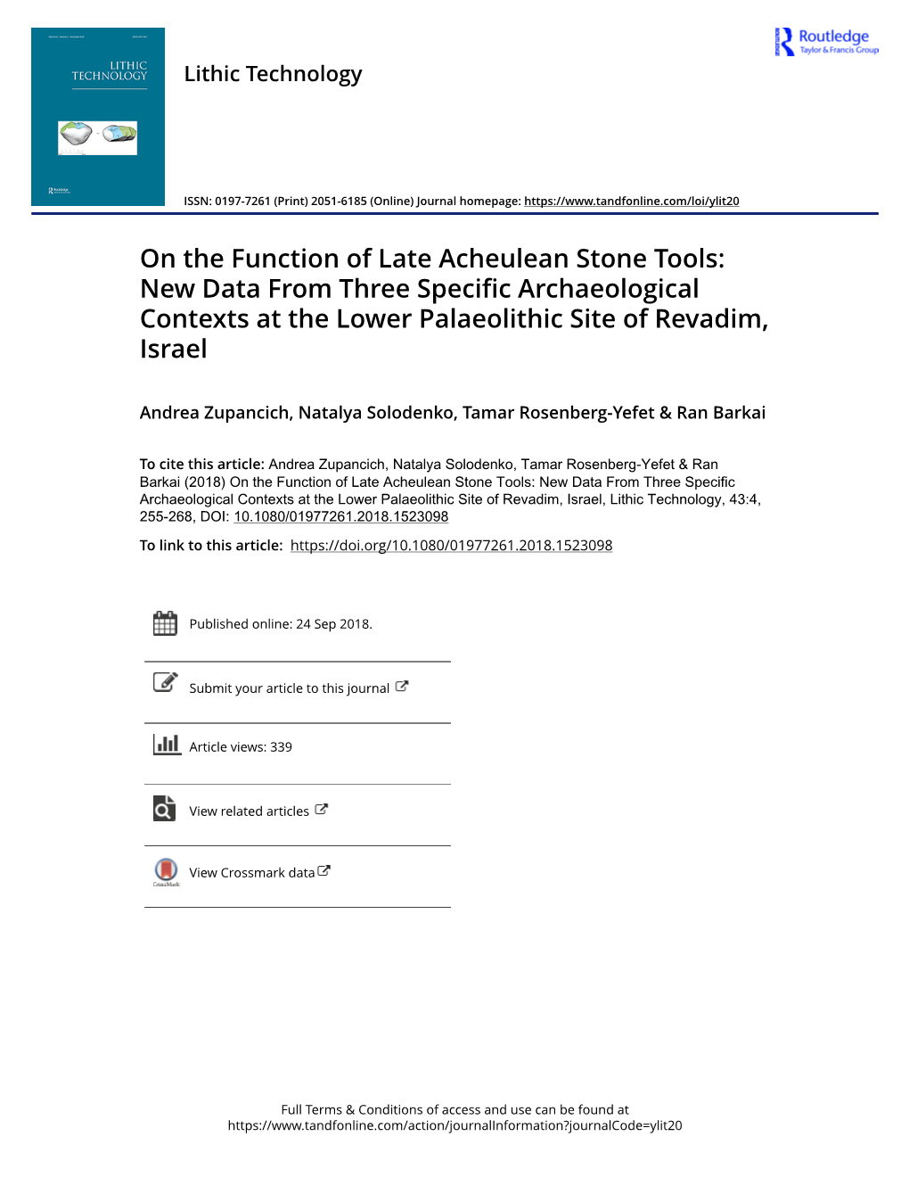 On the Function of Late Acheulean Stone Tools: New Data from Three Specific Archaeological Contexts at the Lower Palaeolithic Site of Revadim, Israel