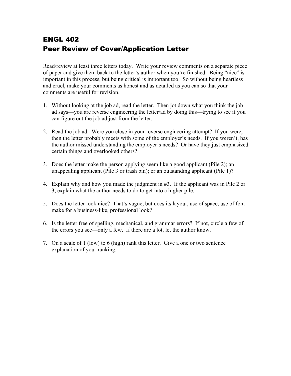 Peer Review Of Cover/Application Letter