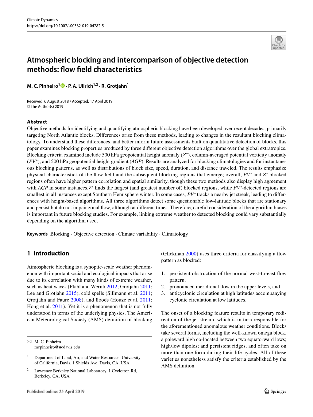 Atmospheric Blocking and Intercomparison of Objective Detection Methods: Fow Feld Characteristics