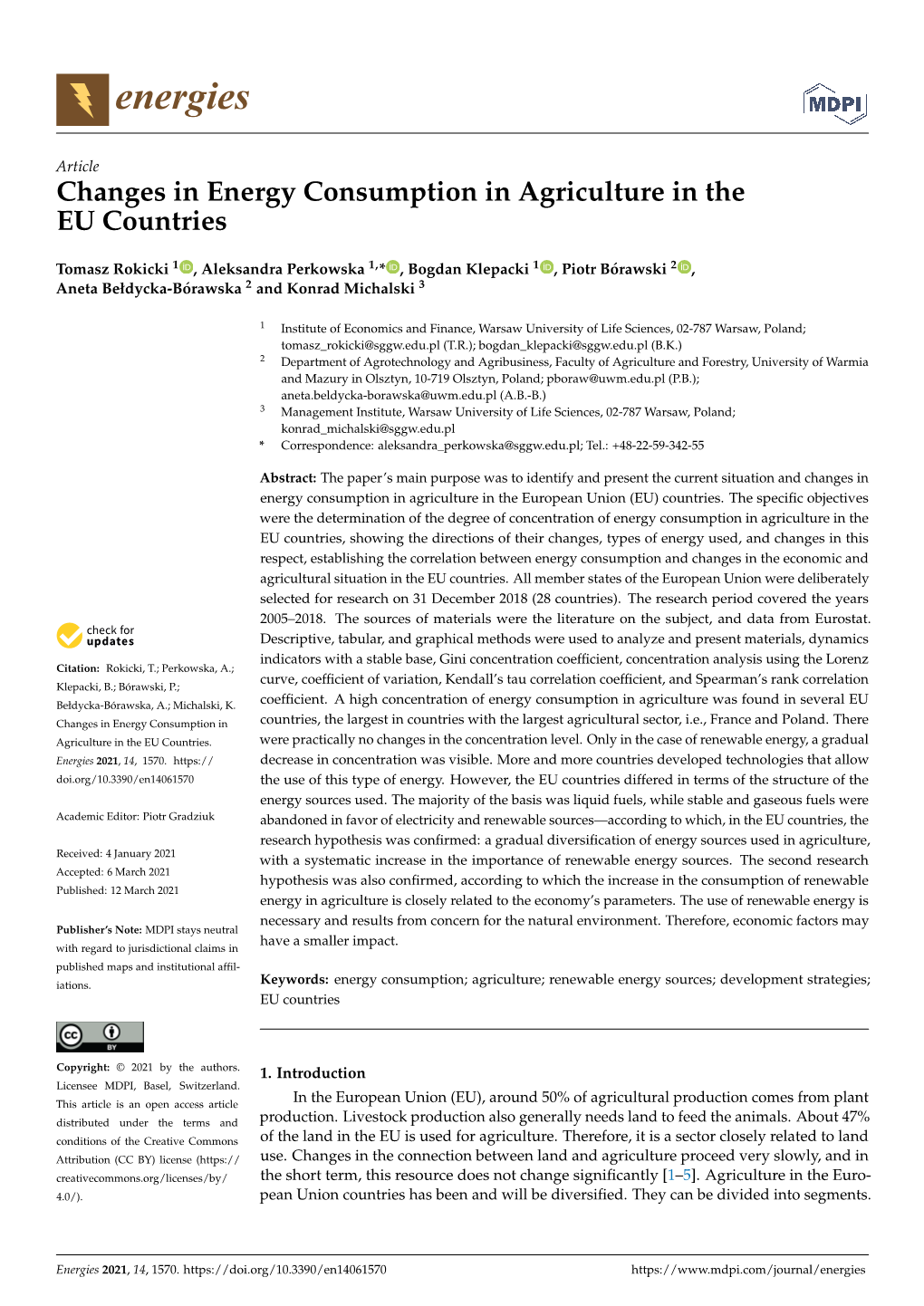 Changes in Energy Consumption in Agriculture in the EU Countries