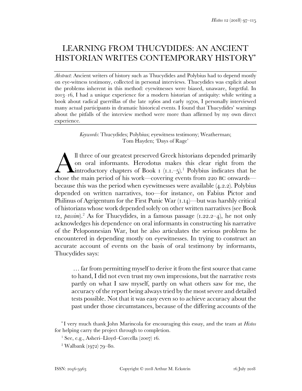 Learning from Thucydides: an Ancient Historian Writes Contemporary History *