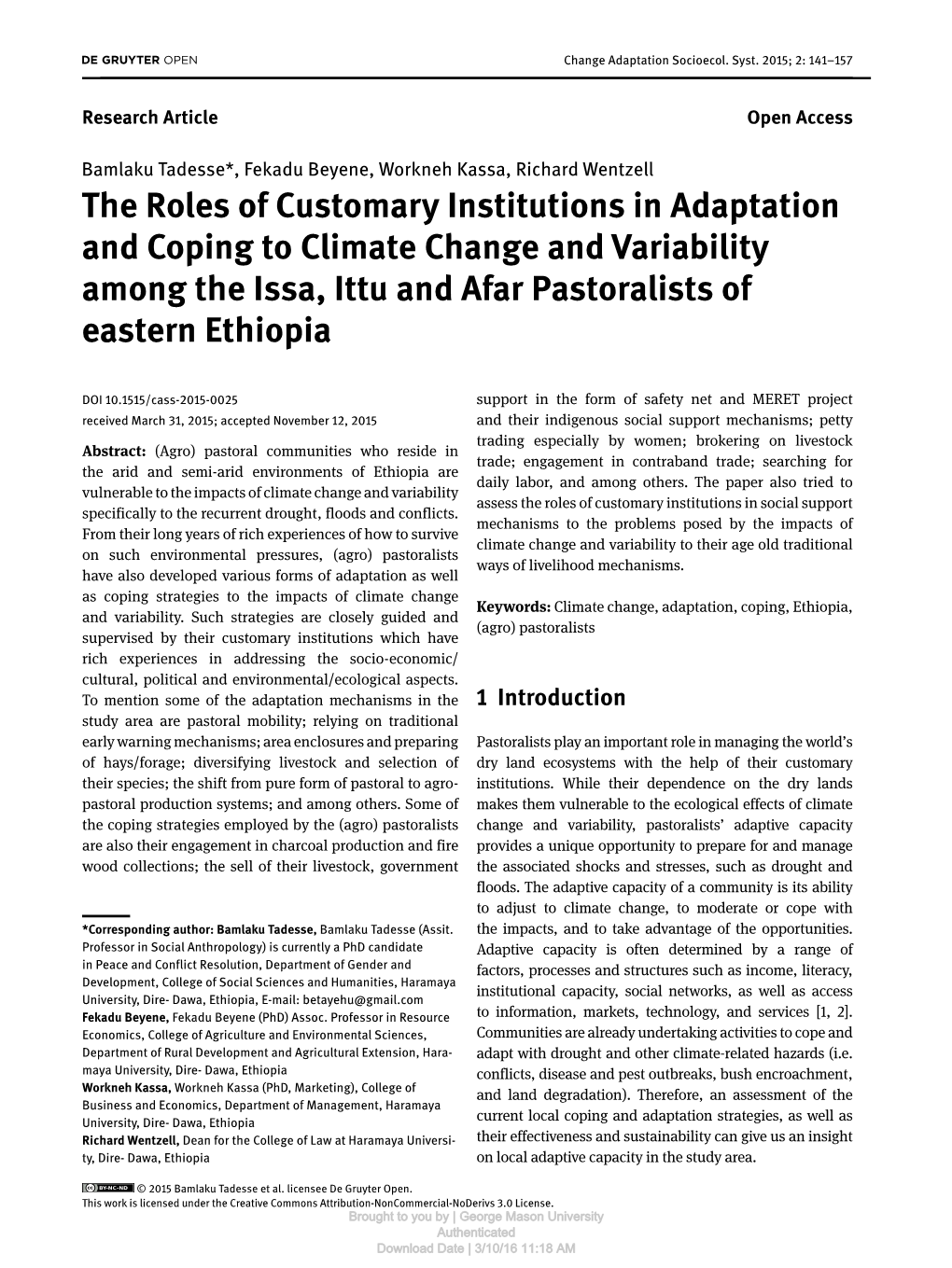 The Roles of Customary Institutions in Adaptation and Coping to Climate Change and Variability Among the Issa, Ittu and Afar Pastoralists of Eastern Ethiopia