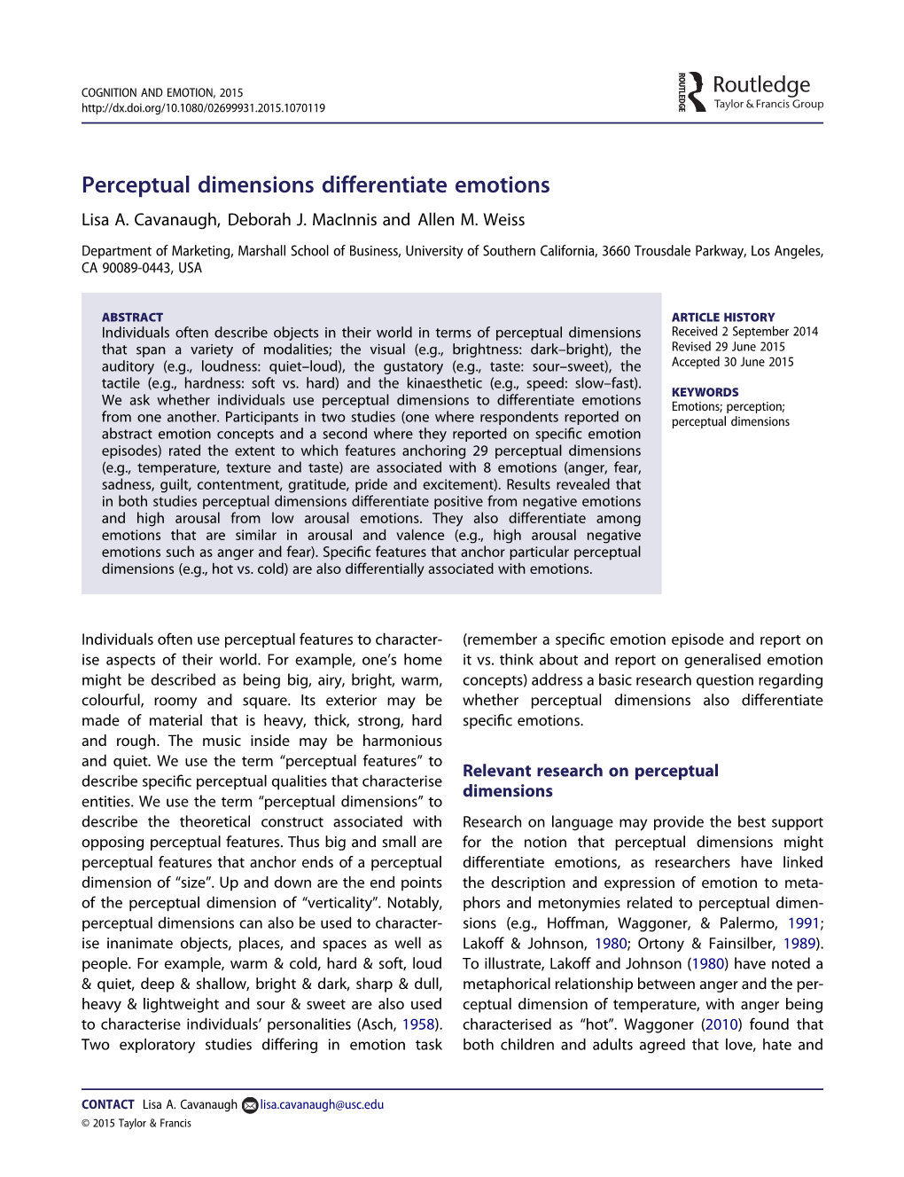 Perceptual Dimensions Differentiate Emotions