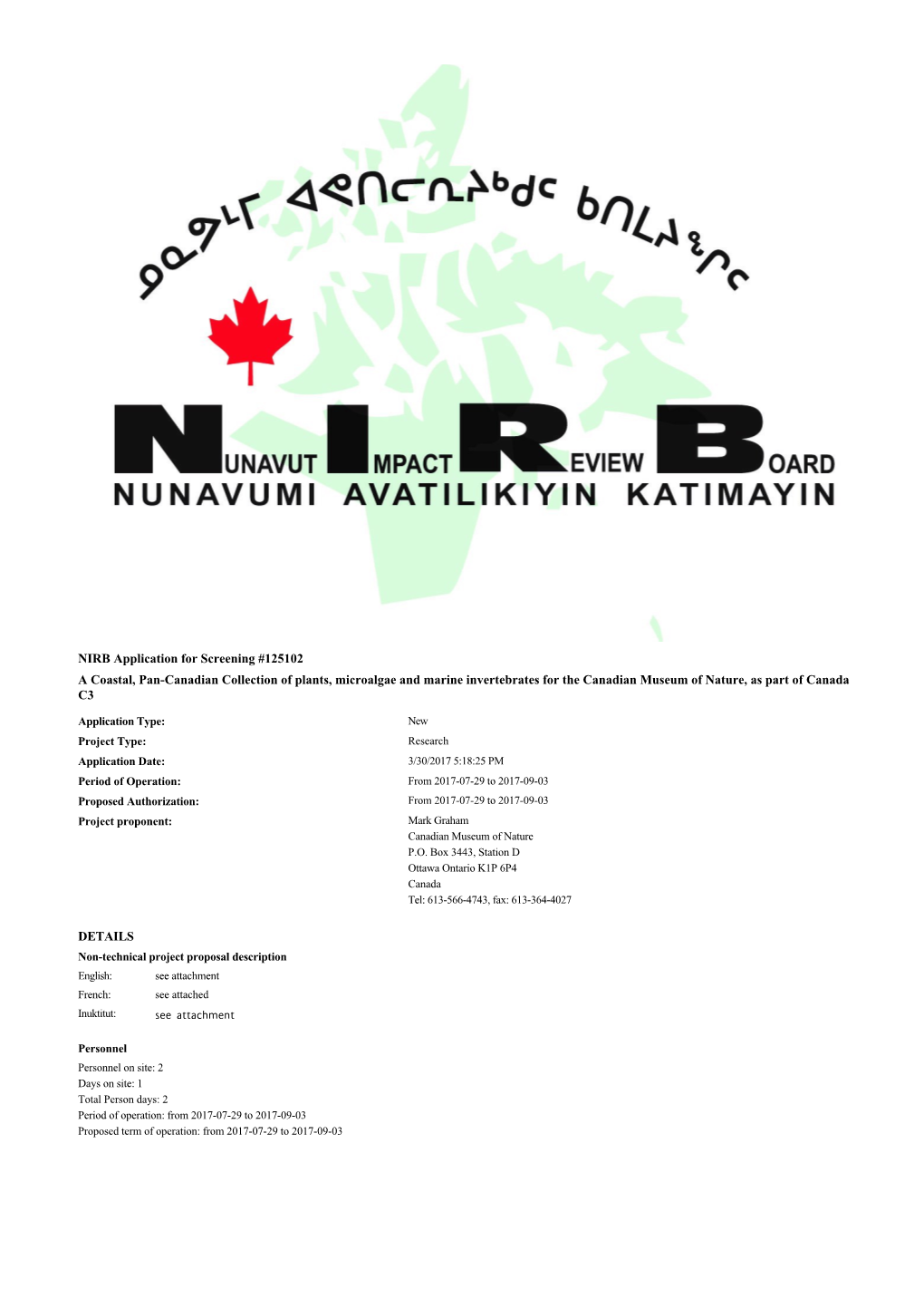 NIRB Application for Screening #125102 a Coastal, Pan-Canadian Collection of Plants, Microalgae and Marine Invertebrates For