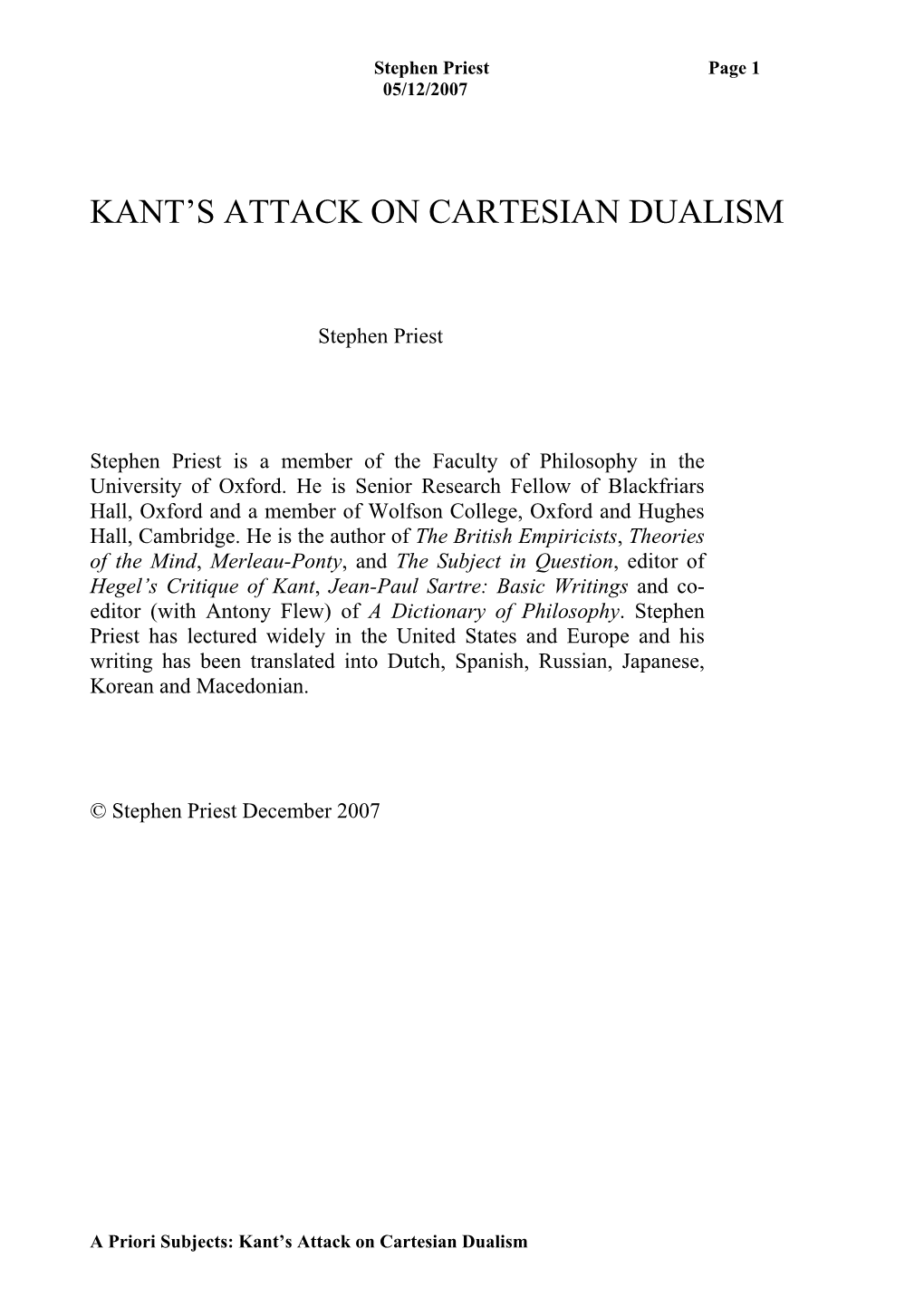 Kant's Attack on Rational Psychology