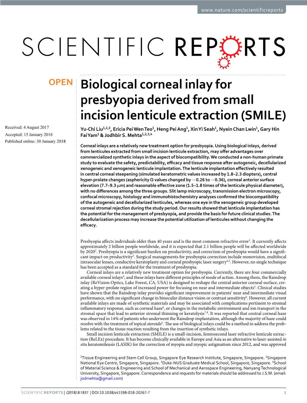 Biological Corneal Inlay for Presbyopia Derived from Small Incision