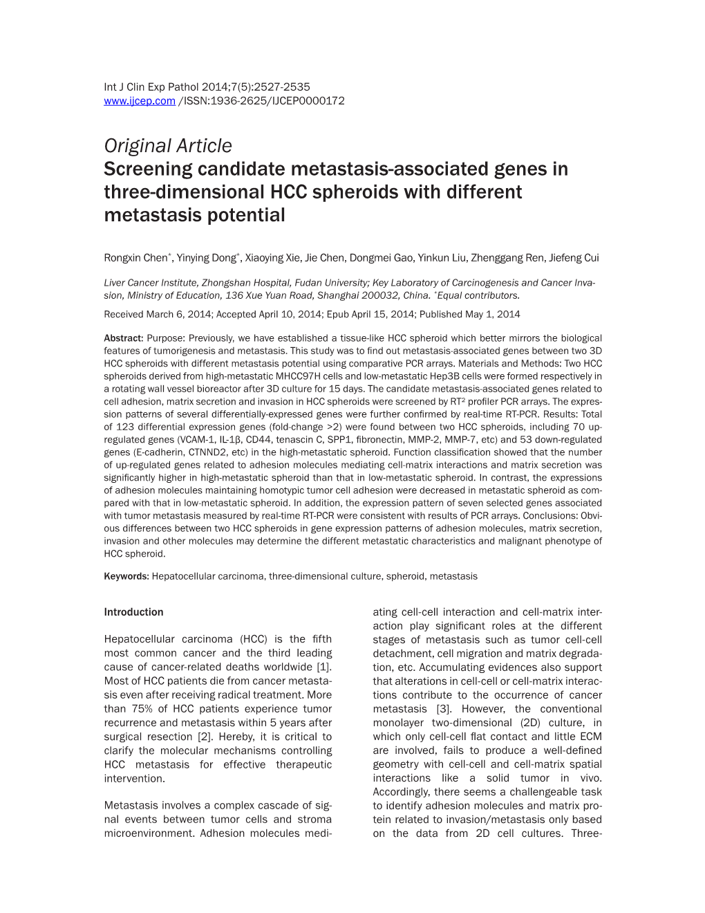Original Article Screening Candidate Metastasis-Associated Genes in Three-Dimensional HCC Spheroids with Different Metastasis Potential
