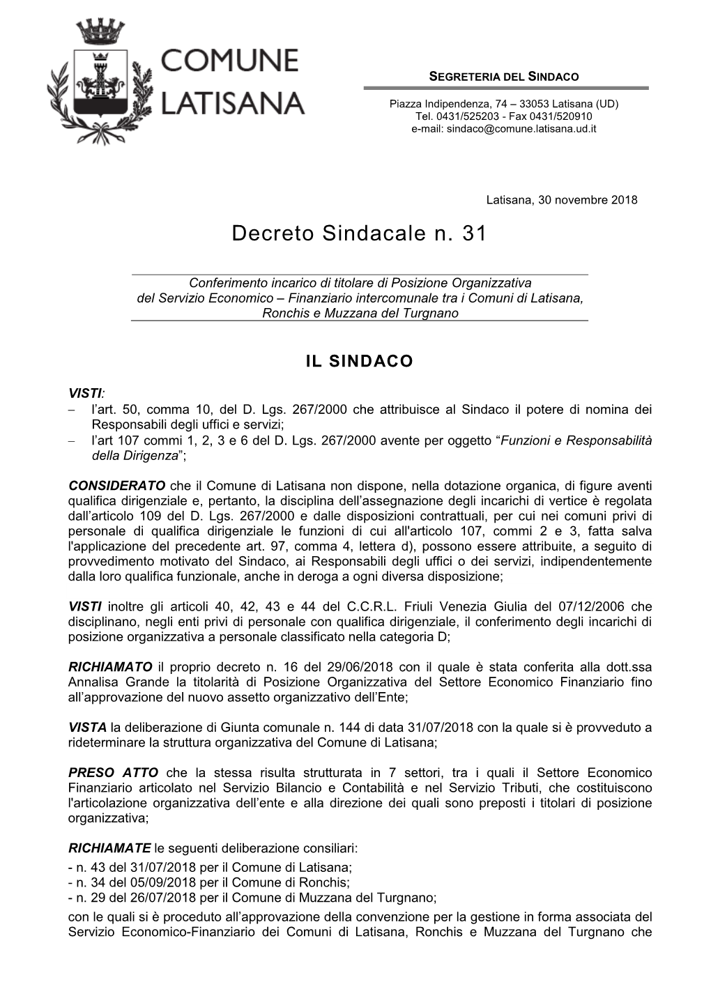Decreto Sindacale N. 31