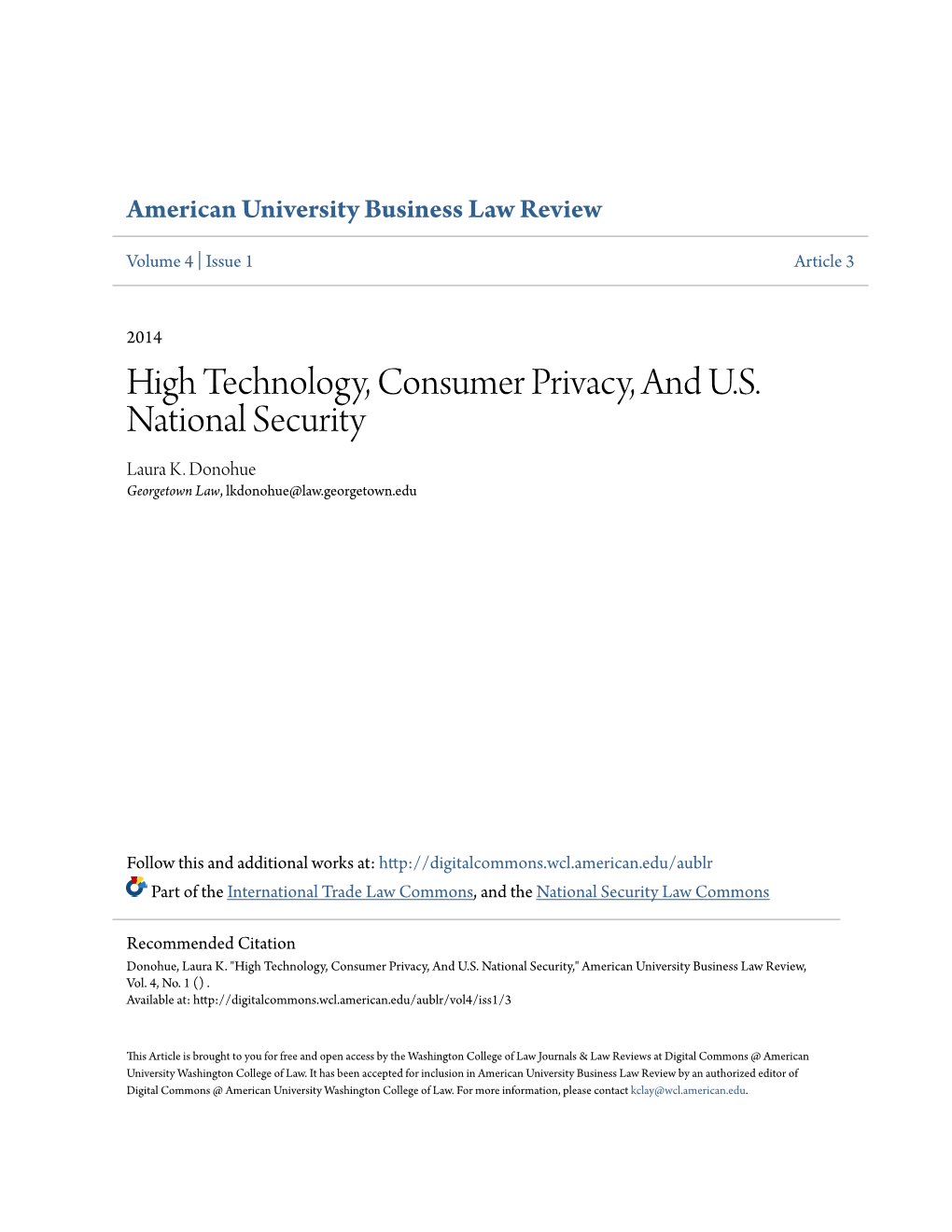 High Technology, Consumer Privacy, and U.S. National Security Laura K