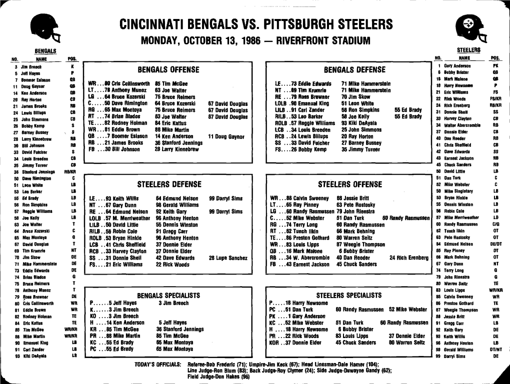 Cincinnati Bengals Vs. Pittsburgh Steelers Monday, October 13, 1986—Riverfront Stadium Bengals Steelers