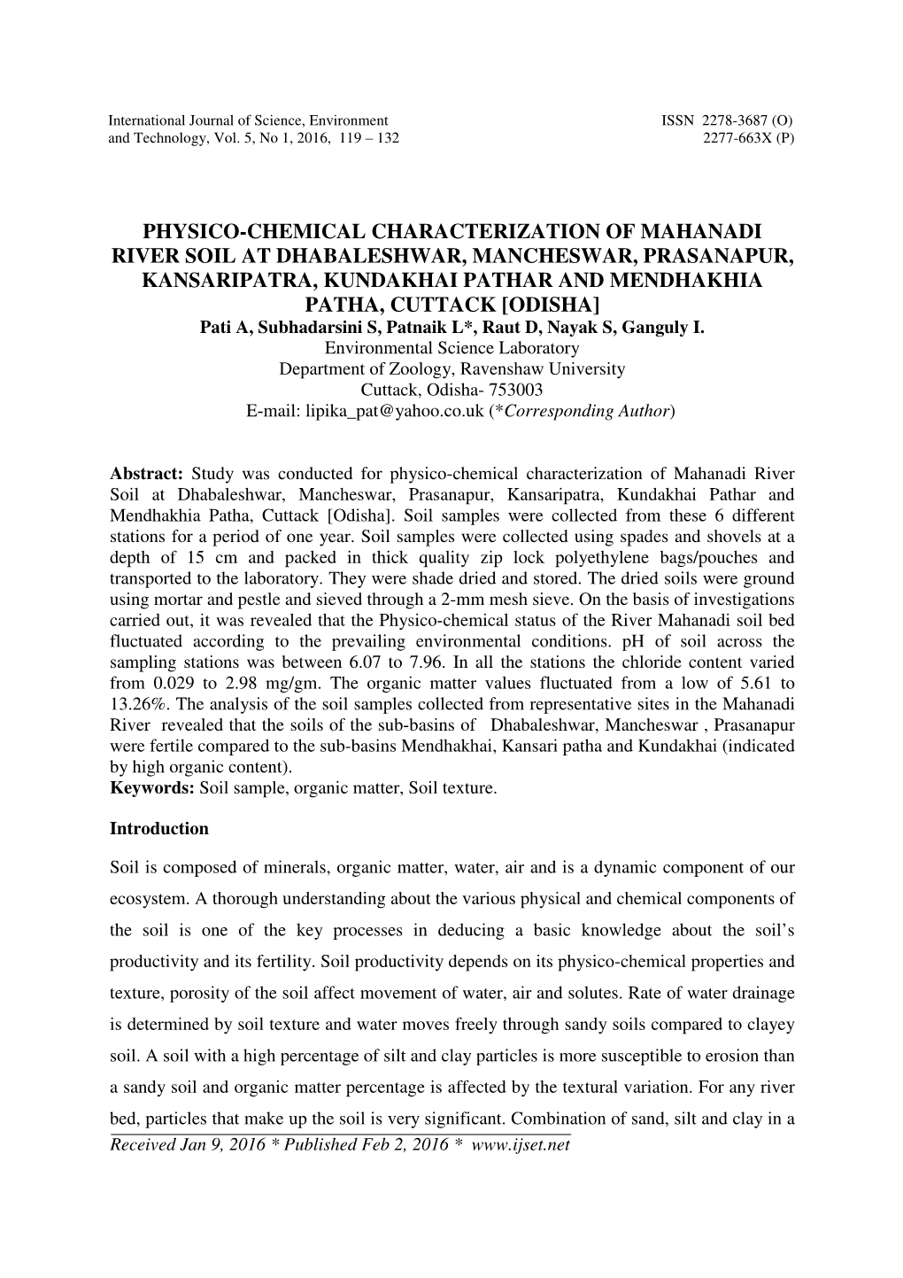 Physico-Chemical Characterization of Mahanadi