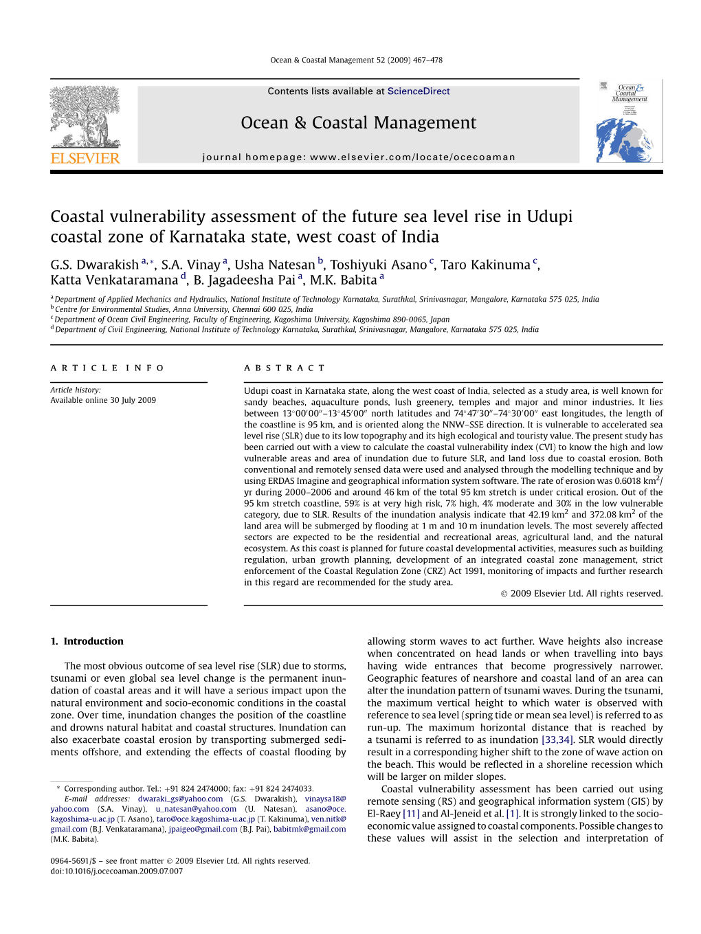 Coastal Vulnerability Assessment of the Future Sea Level Rise in Udupi Coastal Zone of Karnataka State, West Coast of India