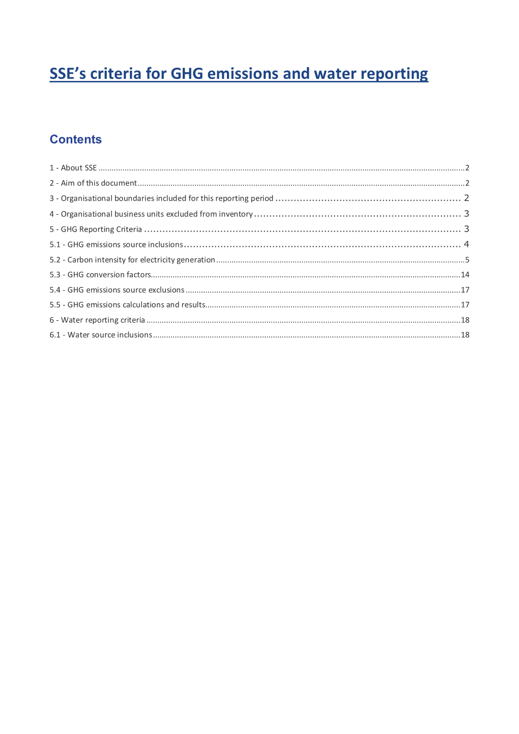 SSE's Criteria for GHG Emissions and Water Reporting